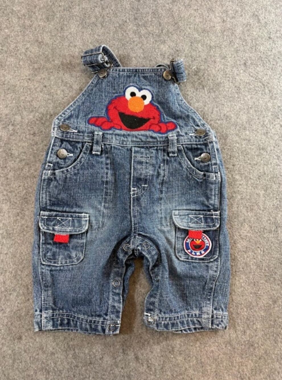 VTG 90s Sesame Street Elmo Denim Overalls Baby Infant 0-3M Blue Cargo Kidcore